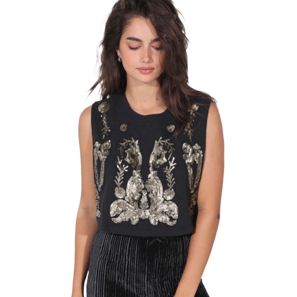 Urban Outfitters Black Metallic Crop Top Sequin Medium Biker Muscle Tee NEW